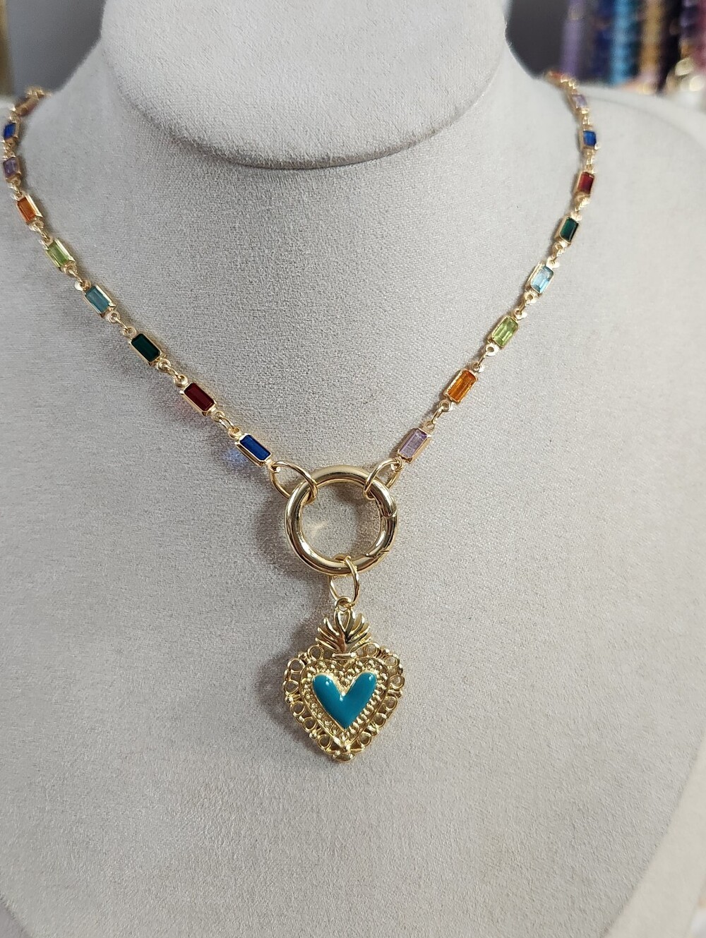 Gold Multicolor Bezel Link Necklace with Turquoise Heart Pendant